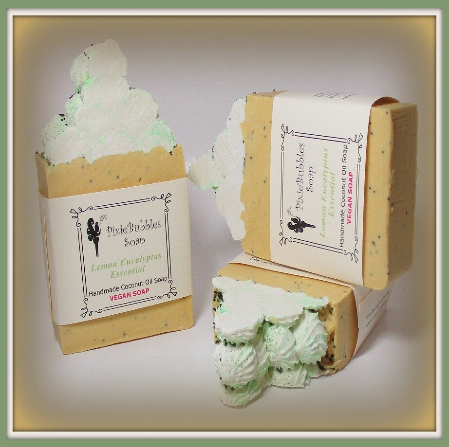 Handmade Soap 6 oz. PixieBubbles LEMON EUCALYPTUS VEGAN Coconut Oil Shea Kaolin