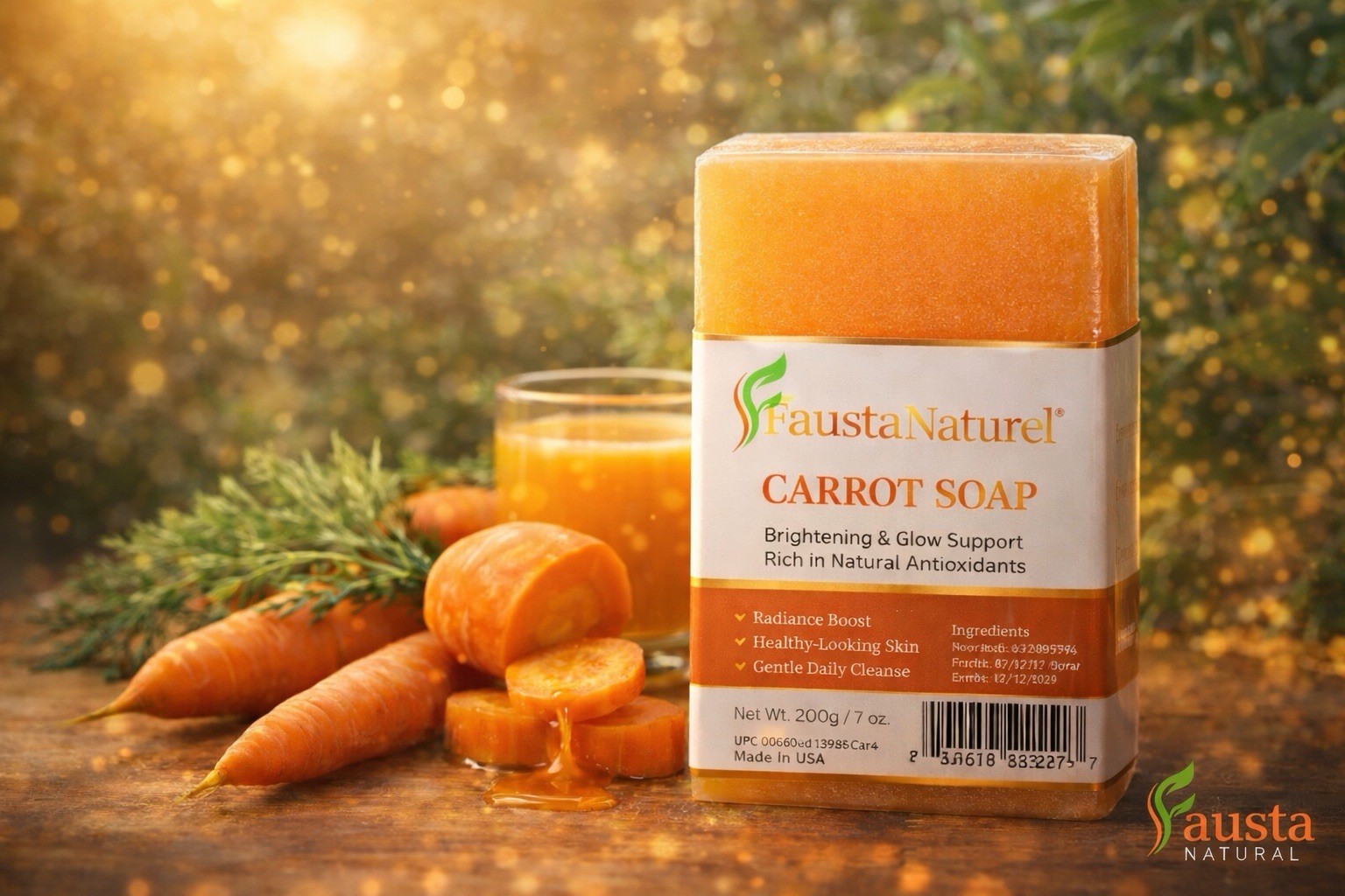 Fausta Natural Carrot Soap Bar – Brightening, Glow Support, Antioxidant, 200g