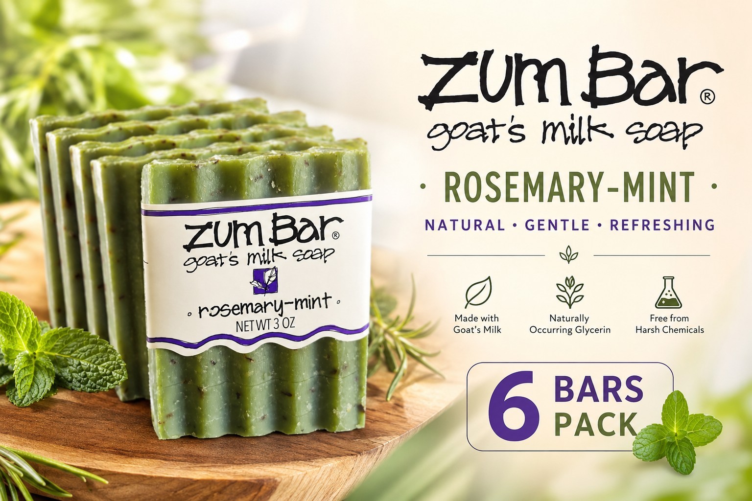 Zum Bar Goat’s Milk Soap Rosemary Mint 3 oz Bars – 6 Pack Natural Handmade Soap