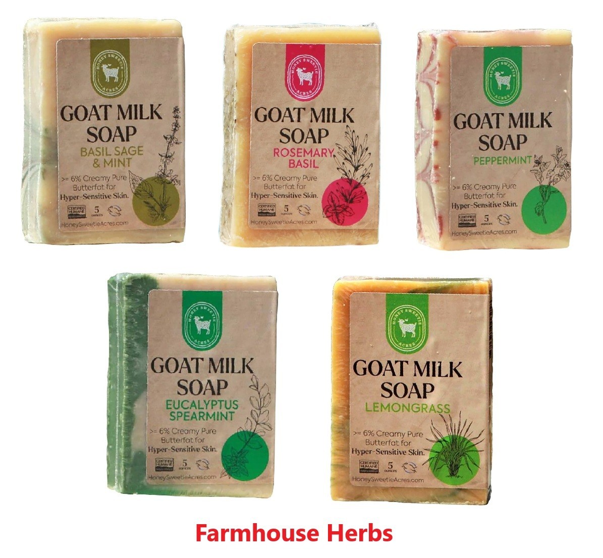 Honey Sweetie Acres 5-Pack Handcrafted Goat Milk Soap Farmhouse Herb Garden