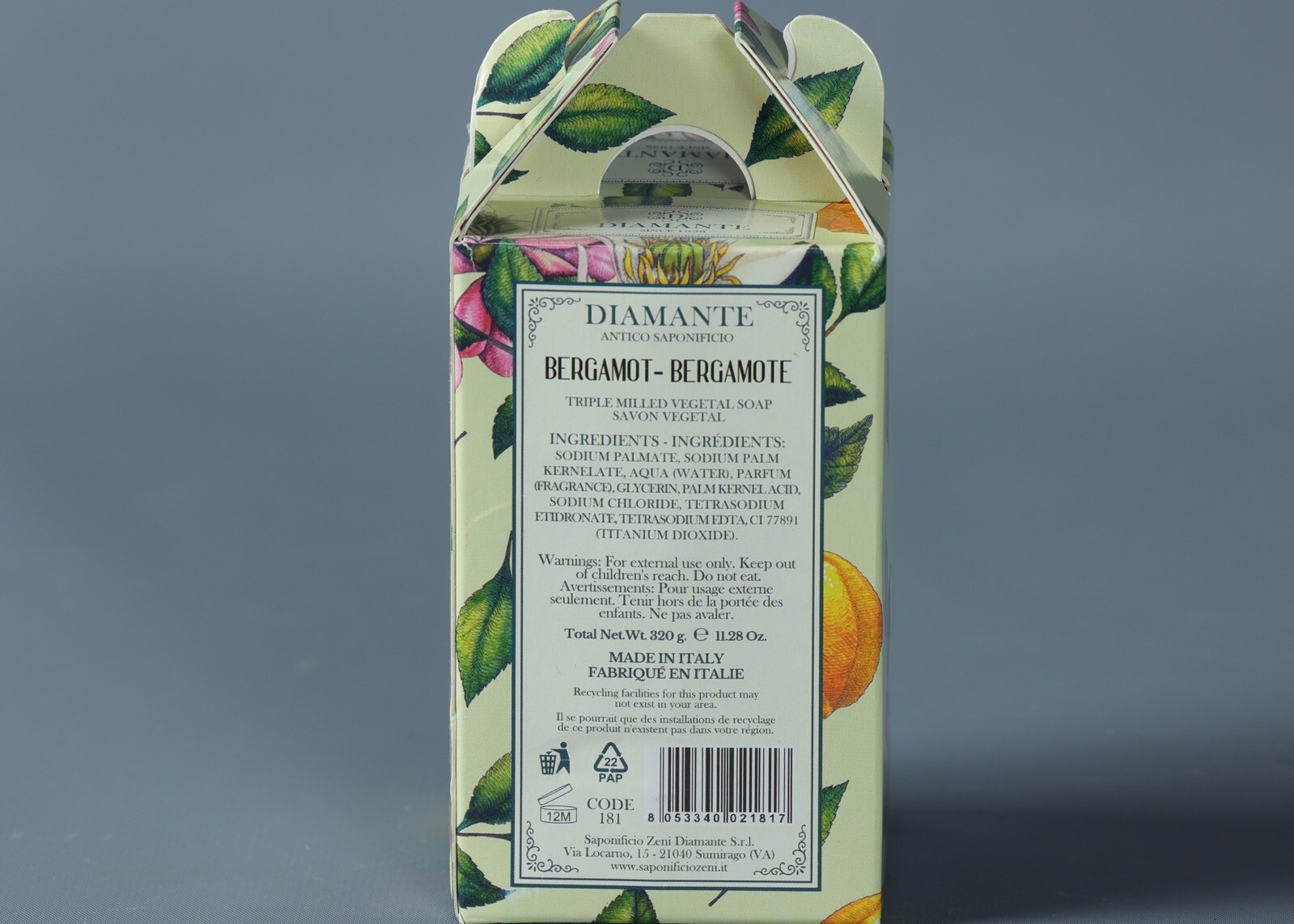 DIAMANTE BERGAMOT Vegat. Based Round Individually Wrapped Soaps 4×2.8 oz. Italy