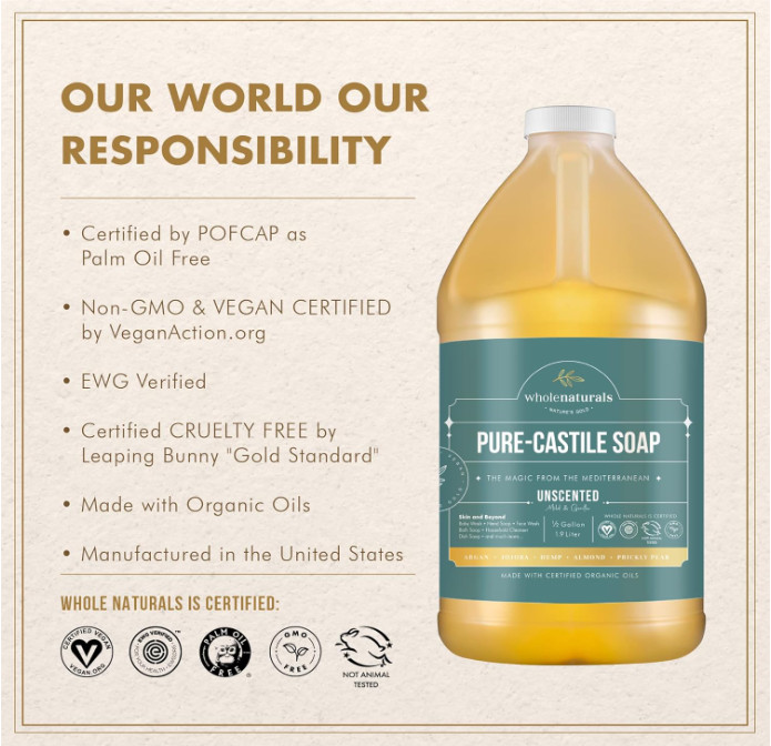 Pure Castile Soap: Unscented, Non-GMO, Palm Oil Free, 64 Fl Oz, Organic Soap