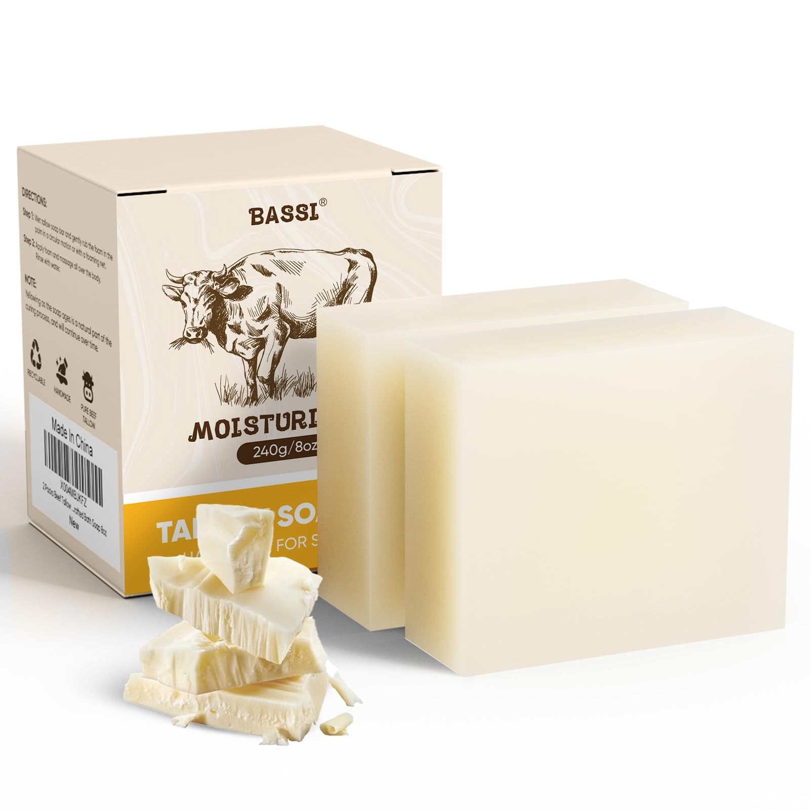 Beef Tallow Soap Bar, 2 Pack All Natural Grass Fed 4 Ounce (Pack of 2), Beige