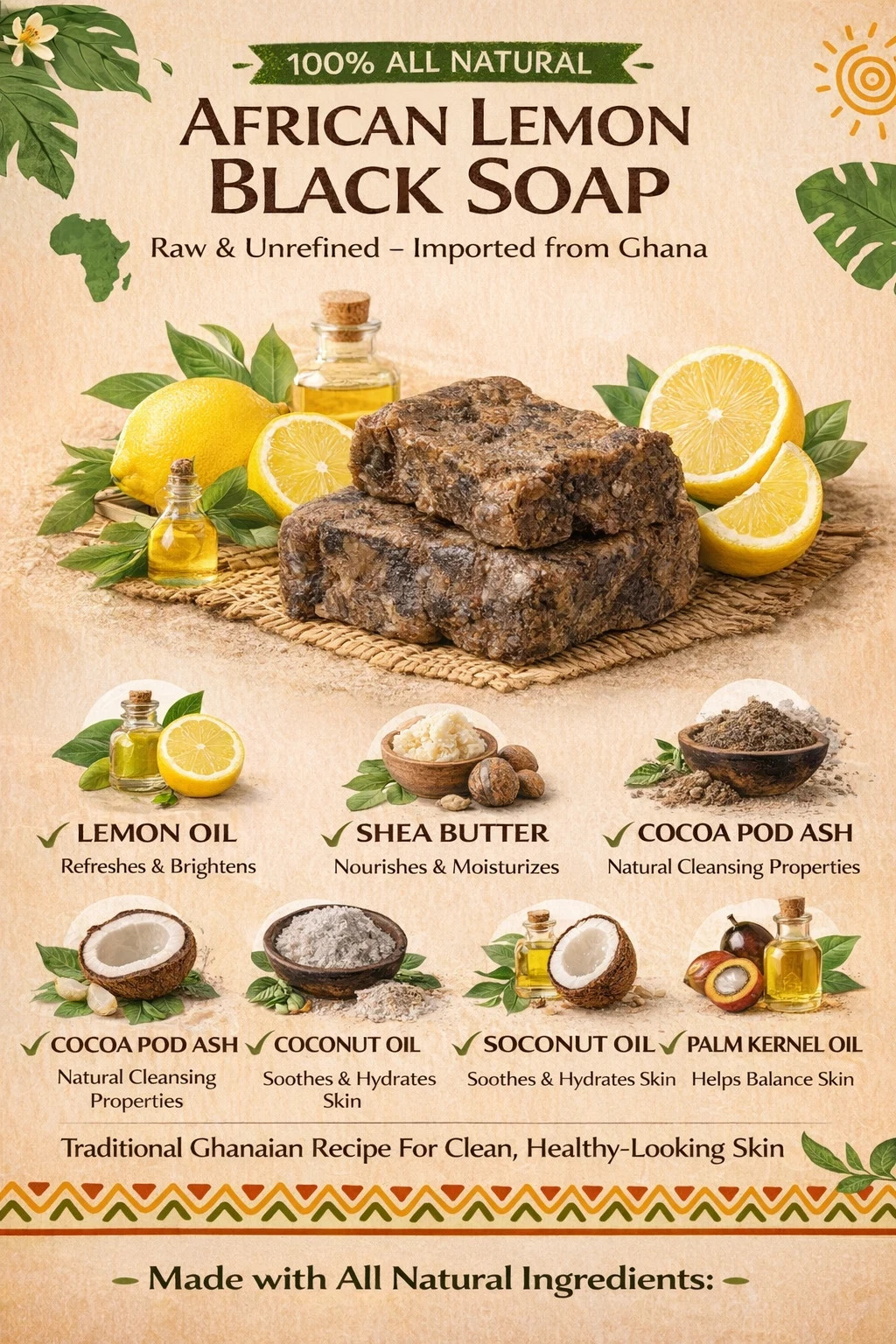 LEMON AFRICAN BLACK SOAP Organic GHANA Handmade Premium Quality CHOOSE YOUR SIZE