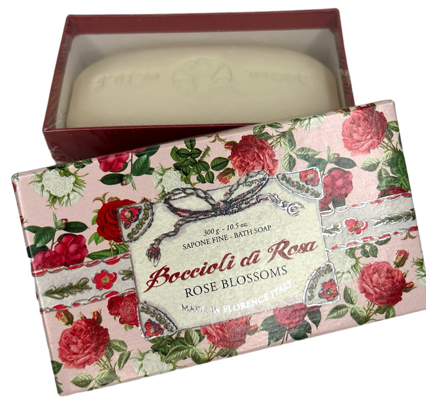 Sapon Boccioli De Rosa Rose Blossoms Tuscan Fine Bath Soap 10.5 oz NOS Boxed Bar