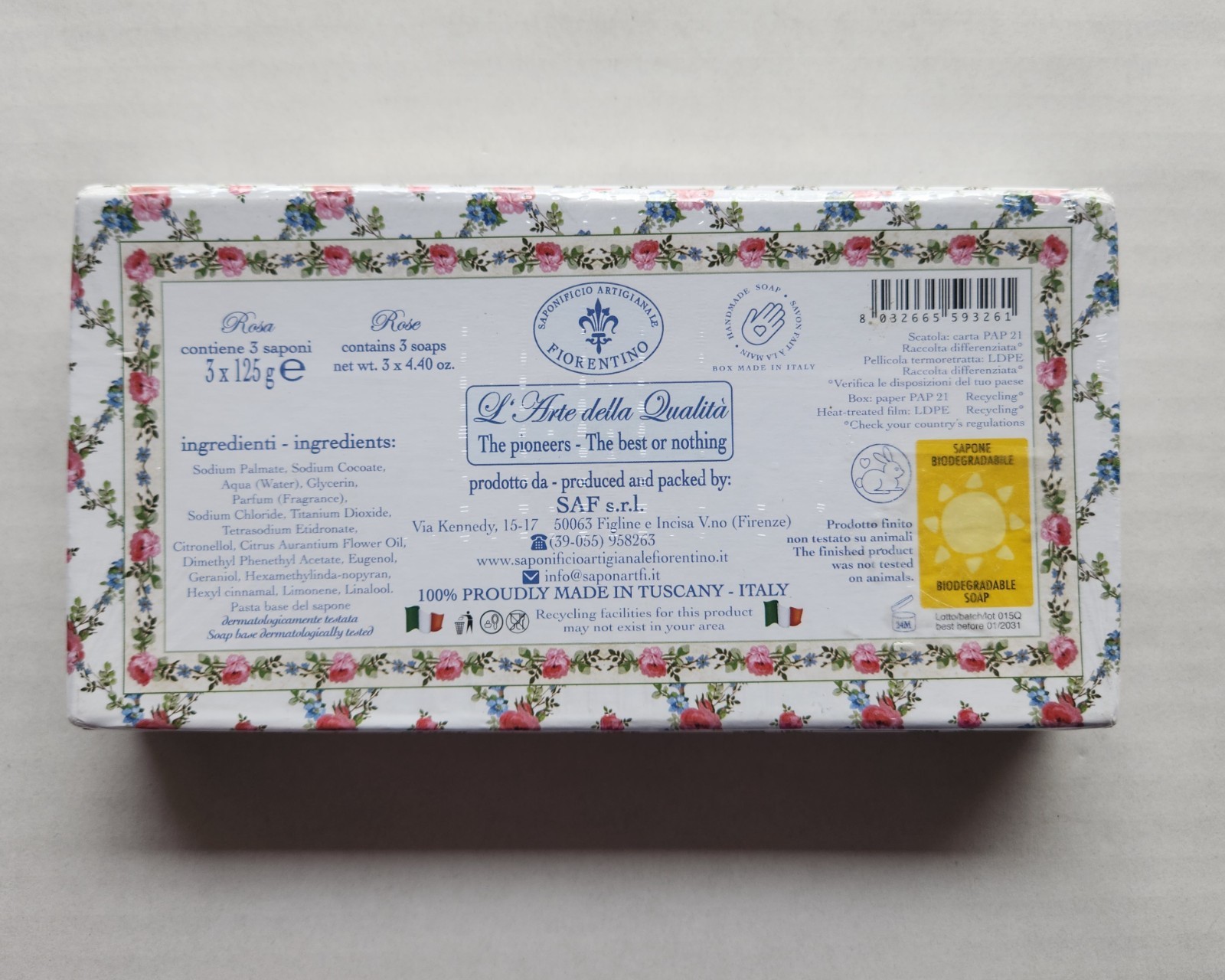 Saponificio Artigianale Fiorentino – Rose Garden Rose Scented Soaps -3 x 4.40 oz