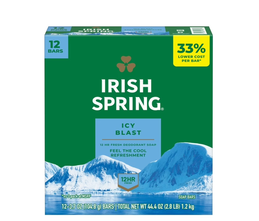 2 PACK Irish Spring Icy Blast Bar Soap for Men, Mens Bar Soap, 12 Pack