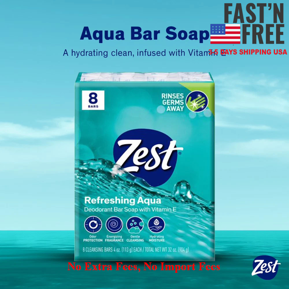 Zest Deodorant Bar Soap Hydrating Moisture Aqua 4oz, 64 Bars Total, for All Skin