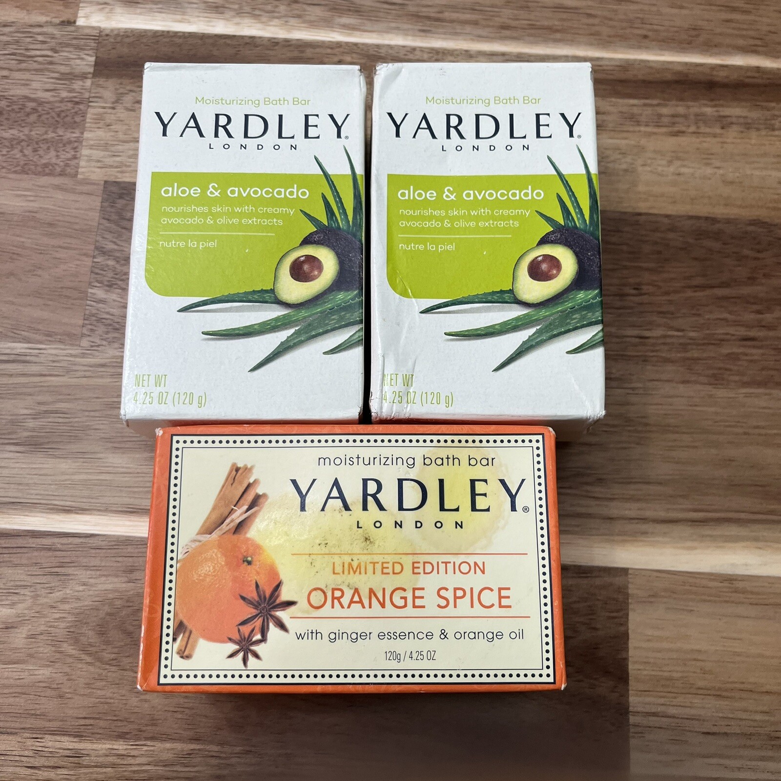 3 Bars Yardley Bar Soap 1 Orange Spice 2 Aloe & Avocado 4.25 Oz Each