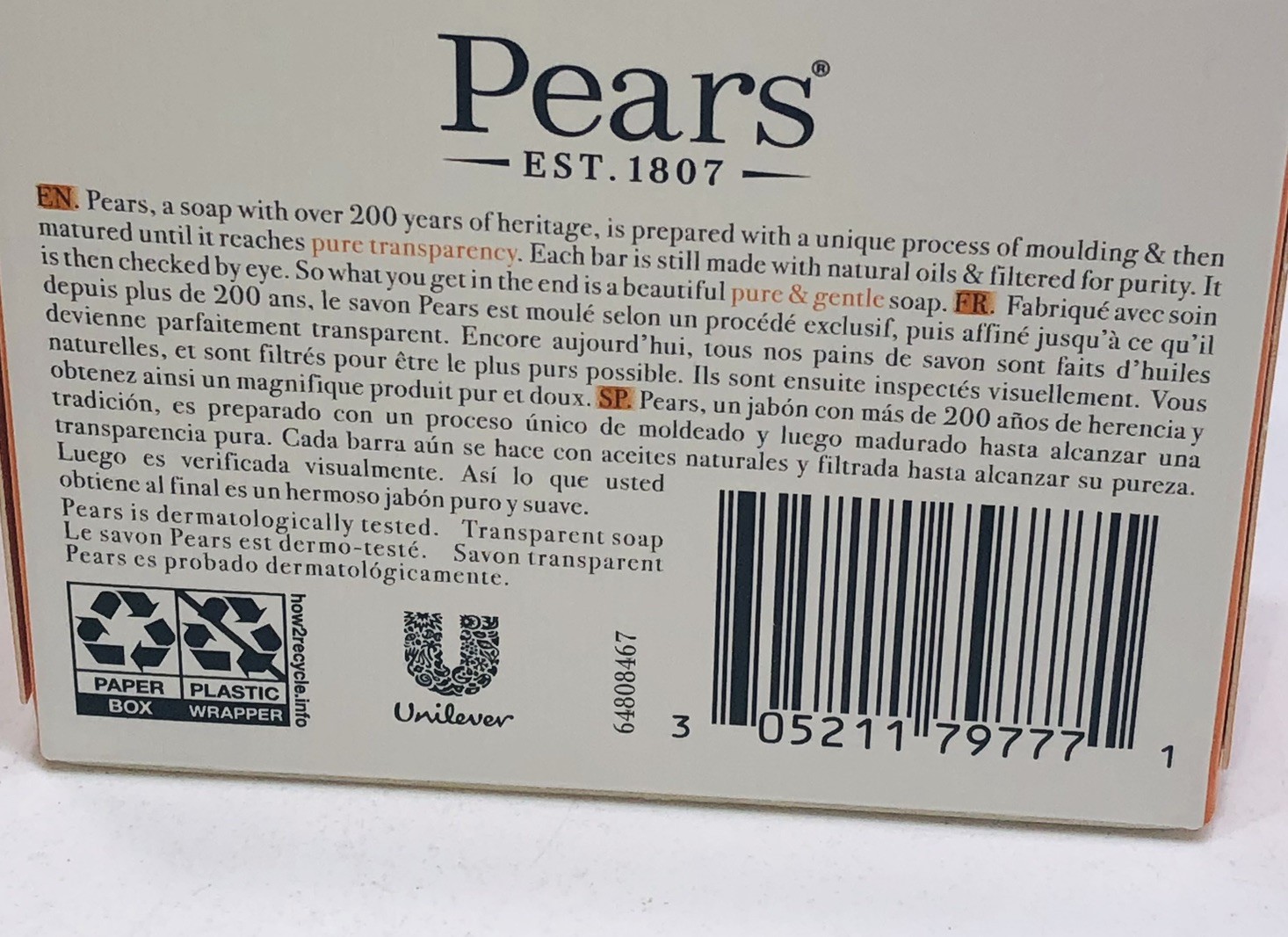 Pears Pure & Gentle Plant Oils Extracts Soap Bar 3.53 oz.