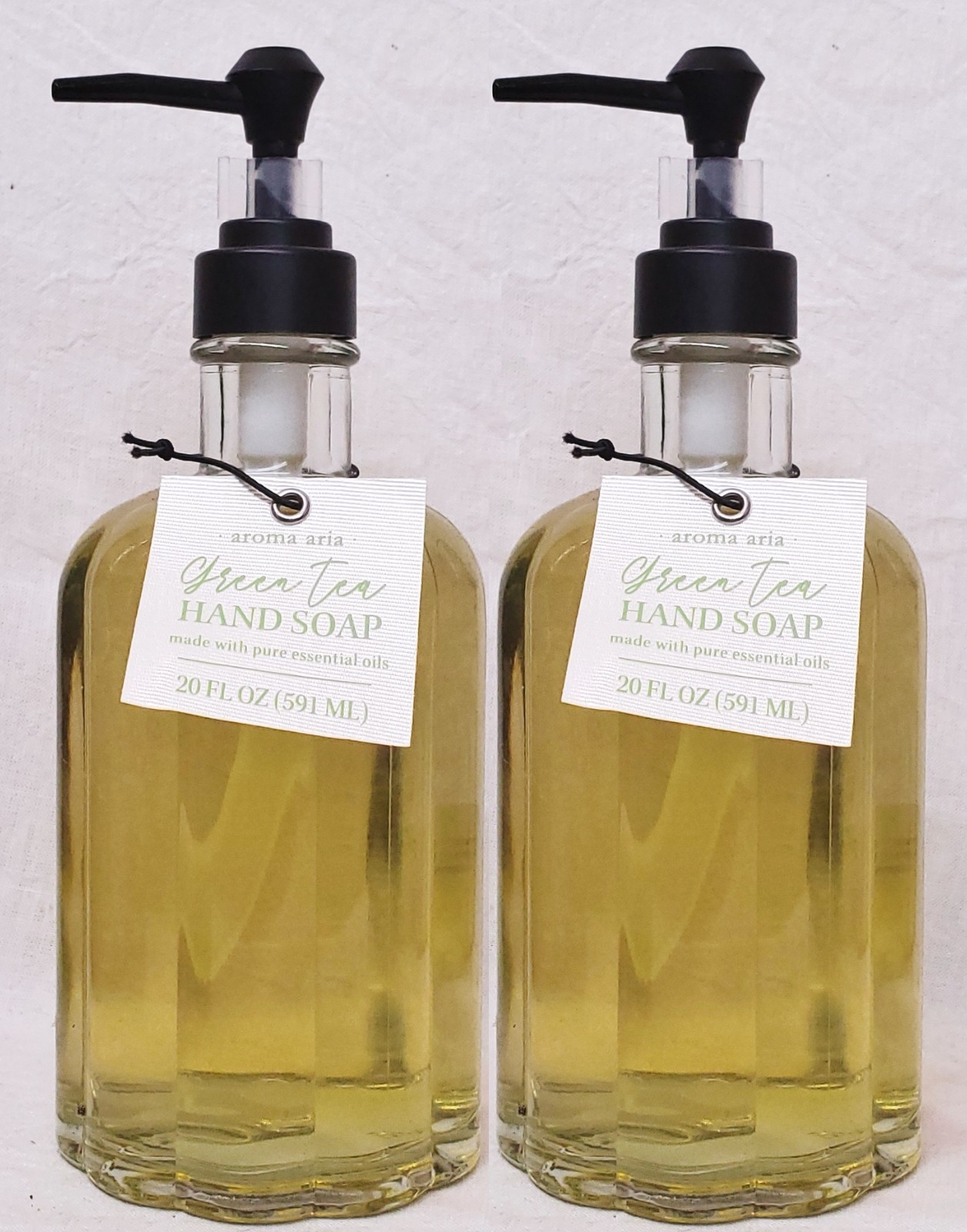2 Aroma Aria GREEN TEA Gel Hand Soap Wash w/ essential oils 20 oz Glass