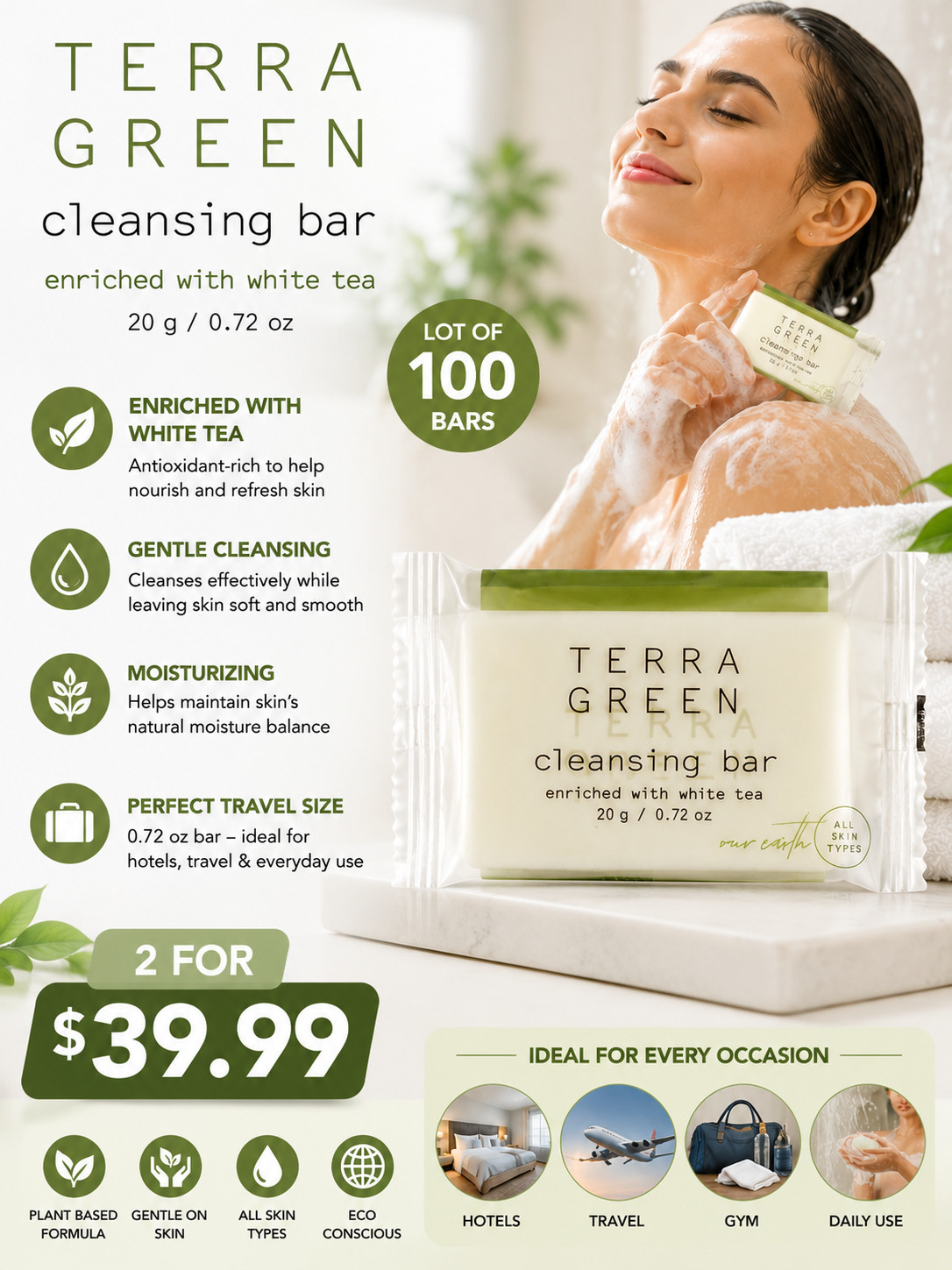 Lot of 100 Terra Green White Tea Soap Cleansing Bars 0.72 oz Hotel Travel Size