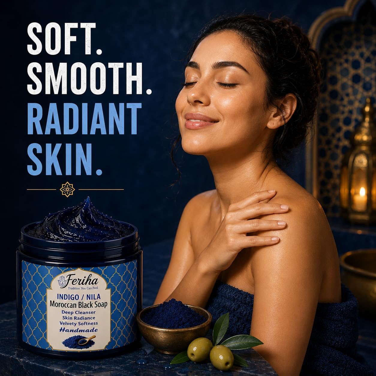 Traditional Moroccan Black Soap with Moroccan Indigo (Nila) – Olive-Based Aut…