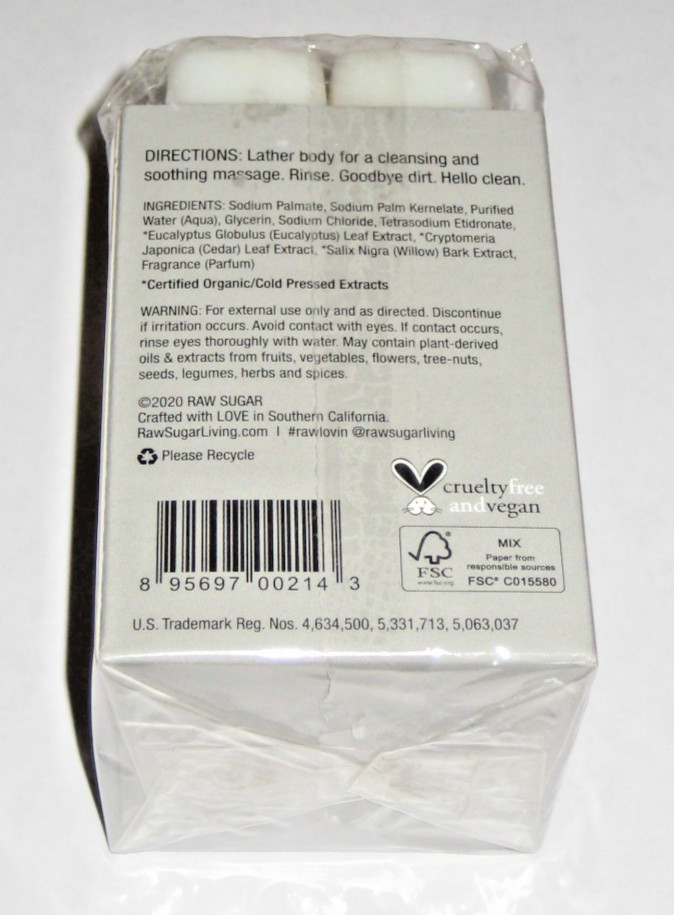 Raw Sugar For Men Bar Soap Eucalyptus + Cedar Leaf 2 x 5oz Bars Vegan Cold Press