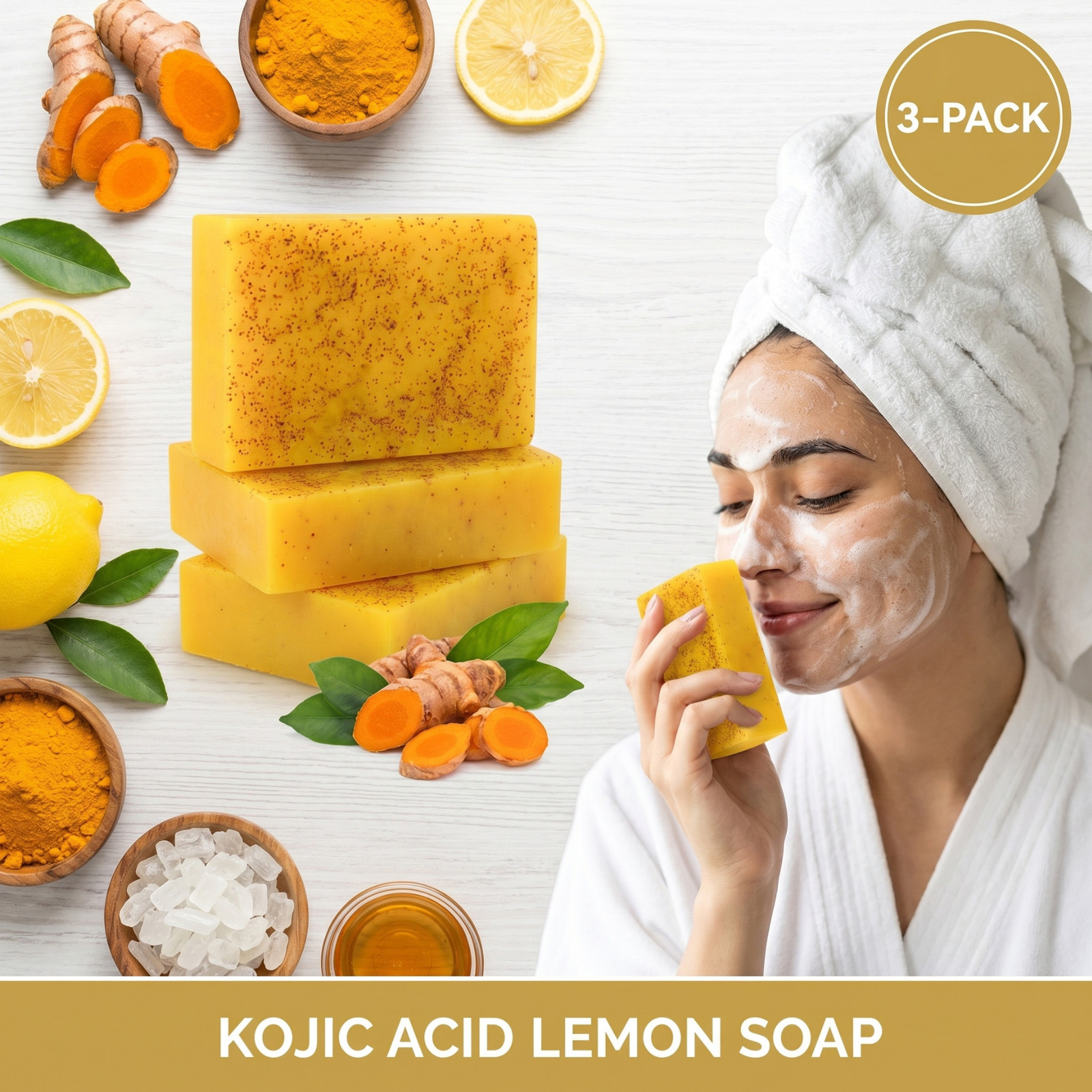 3 Pack Handmade Turmeric Kojic Acid Soap Dark Spot Remover Brightening Face Body