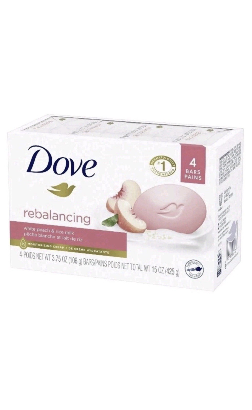 DOVE (4-BARS) 3.75 Oz. REBALANCING White Peach/Rice Milk Beauty Bars. – NEW