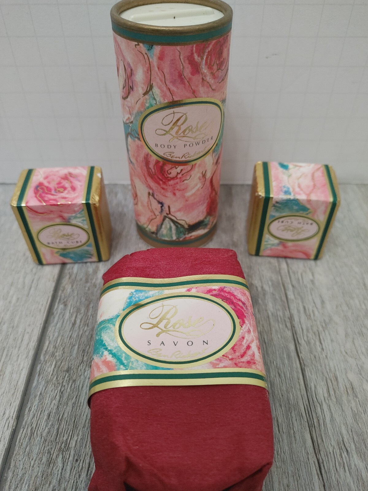 Vintage Ben Rickert ROSE POWDER 2.0Z – ROSE SOAP 3.OZ – 2-BATH CUBE 1.5 OZ EACH