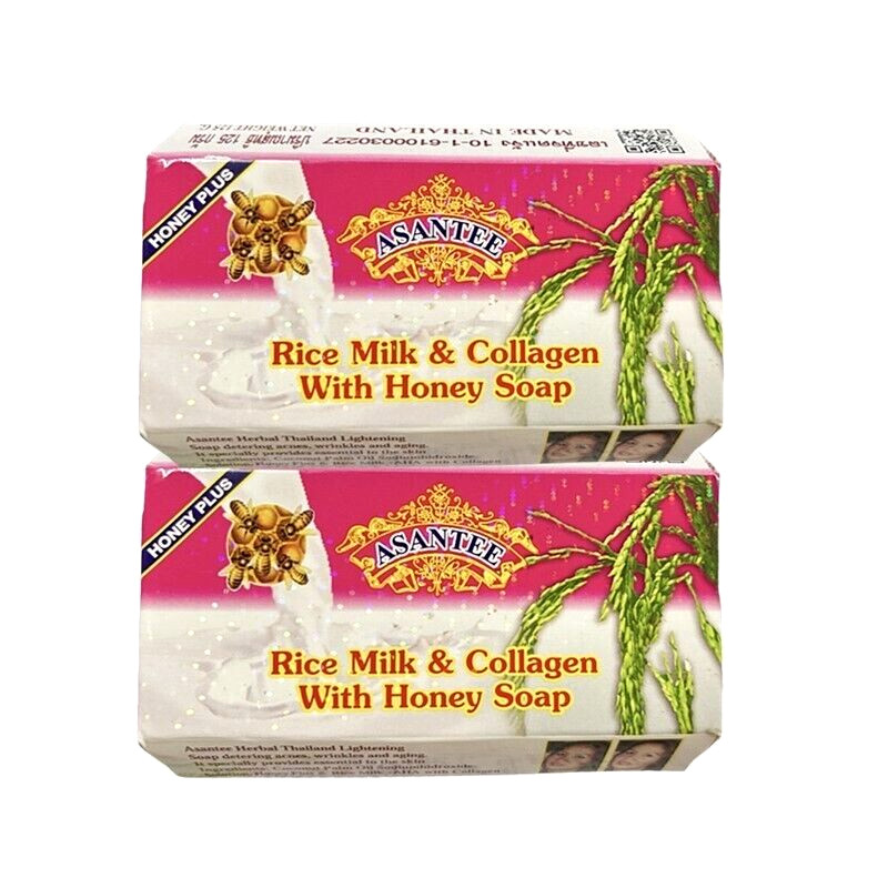 2x Asantee Thai Herbal Rice Milk Soap Plus AHA Collagen Lighten Skin 125g.