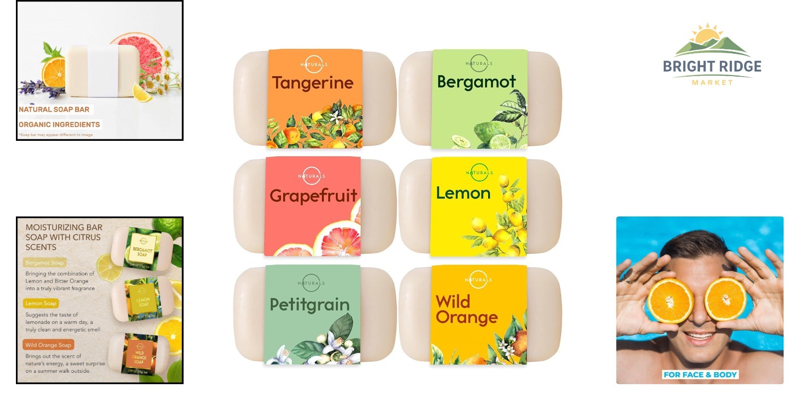 Natural Bar Soap Gift Set with 6 Citrus Scents for Body and Face Cleansing
