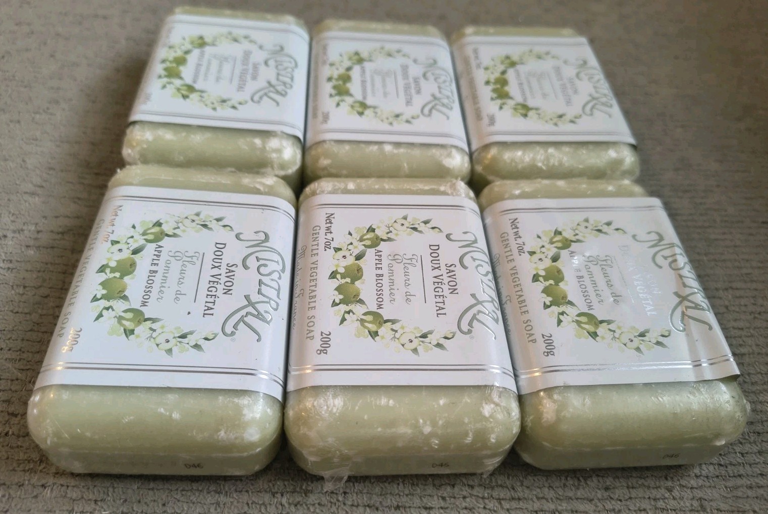 Mistral APPLE BLOSSOM Gentle Vegetable Organic Soap Bar 200g/7oz EA France 6 LOT