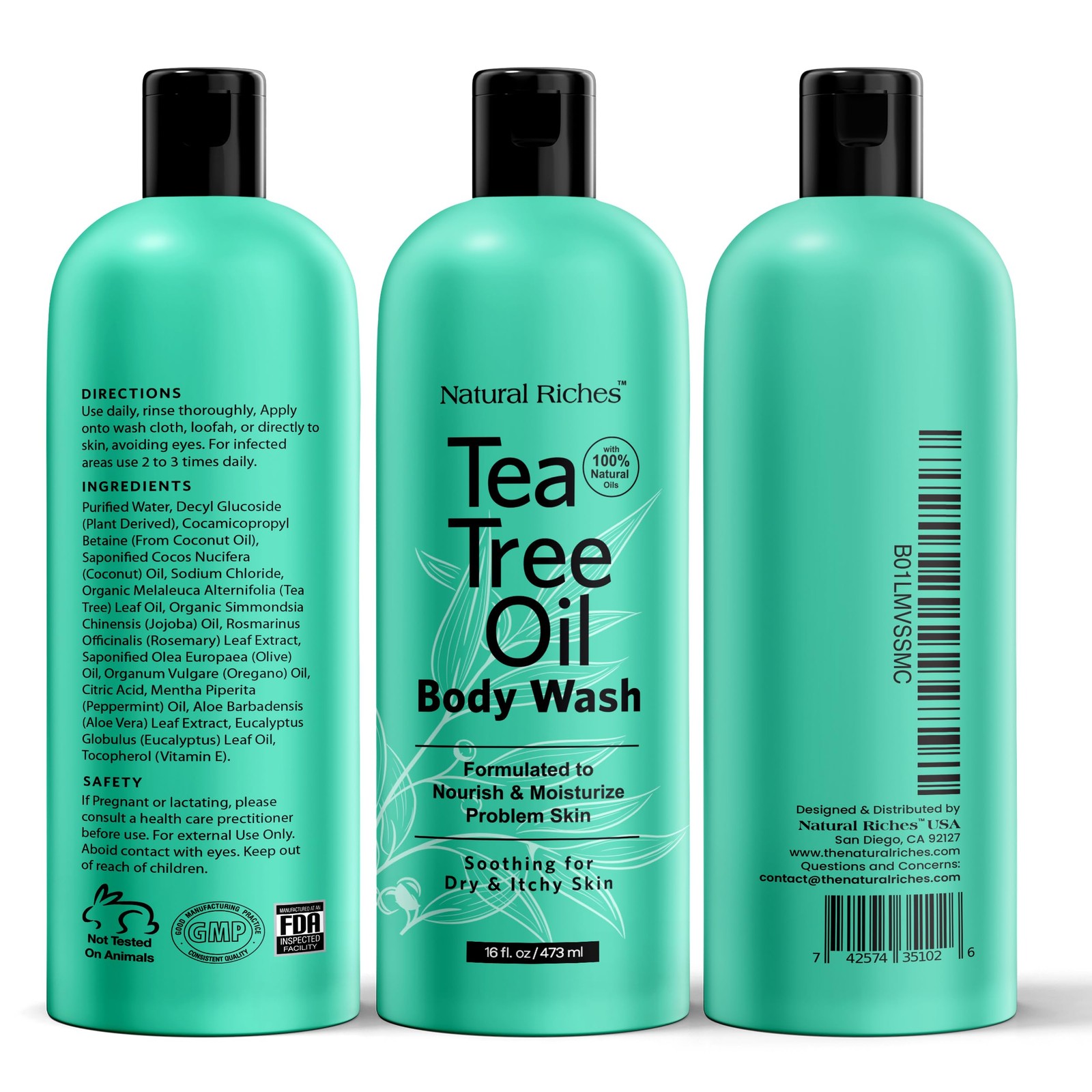 Natural Riches Tea Tree Oil Body Wash, 2×16 fl oz 16 Fl Oz (Pack of 2), Clear