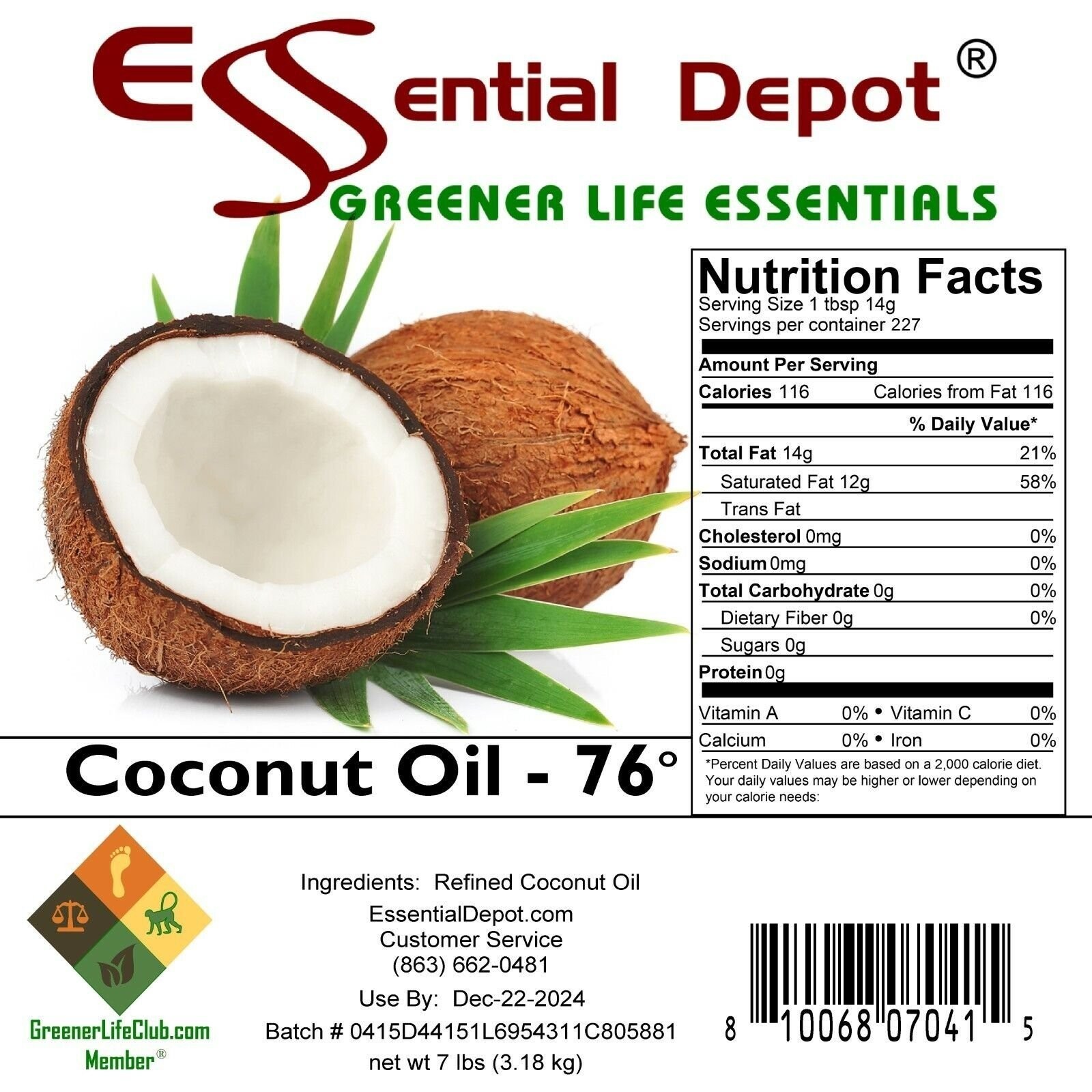 Coconut Oil – Food Safe – 7lb – Greener Life Club Box