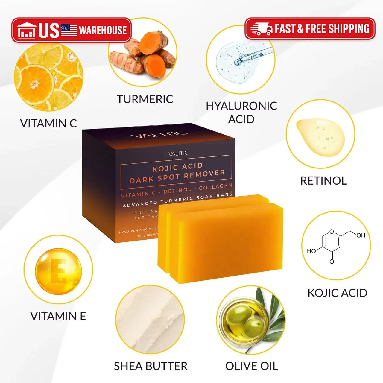 VALITIC Kojic Acid Dark Spot Remover Soap Bars with Vitamin C, Retinol, Collagen