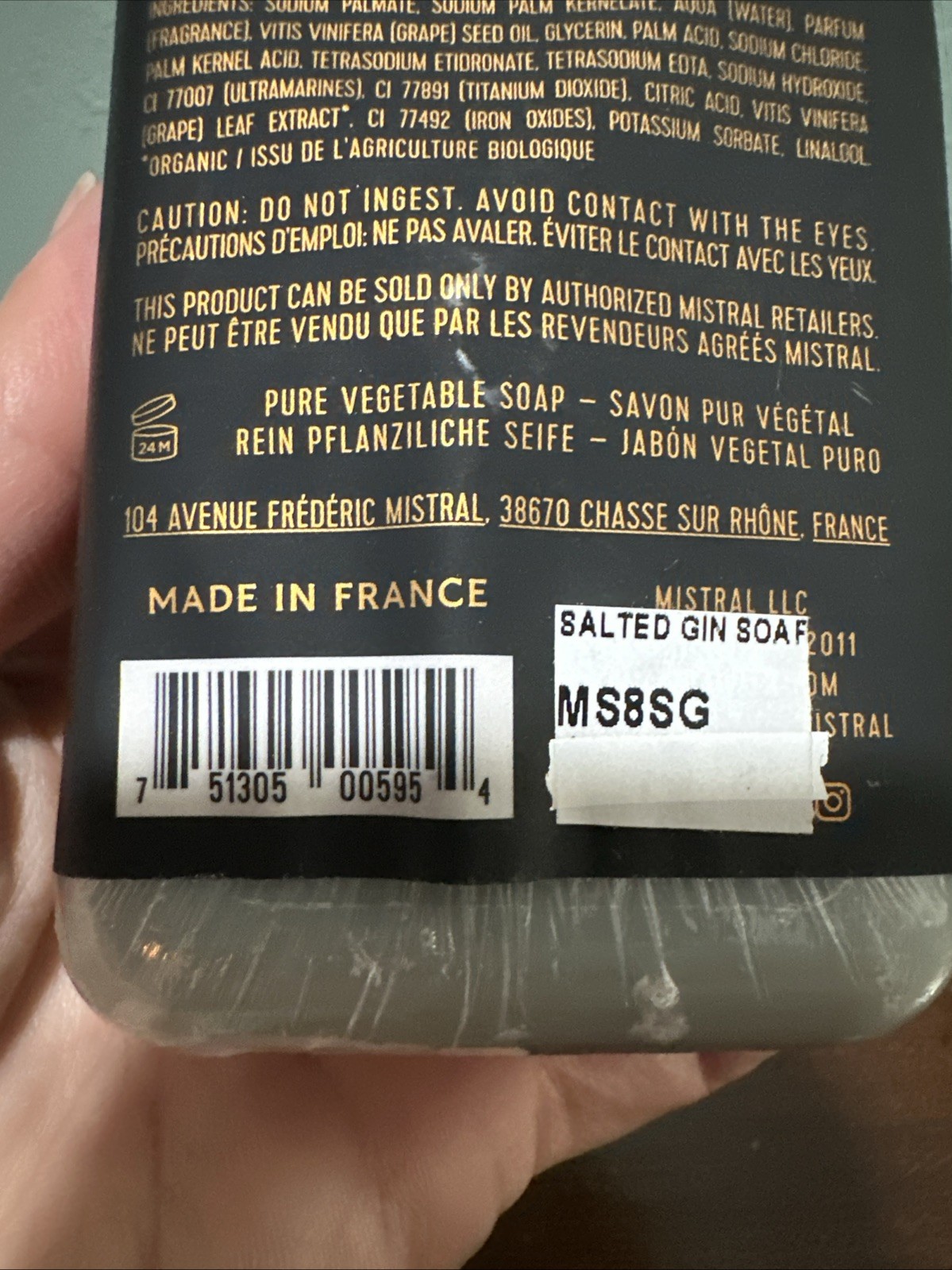 Mistral Bar Soap Organic Salted Gin Large 8.8 Ounce Crafted Soaps Original