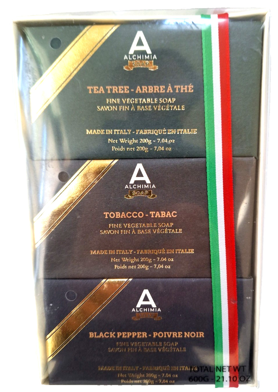 Alchimia Fine Vegetable Soap Trio Italy – Tea Tree, Tobacco & Black Pepper – New