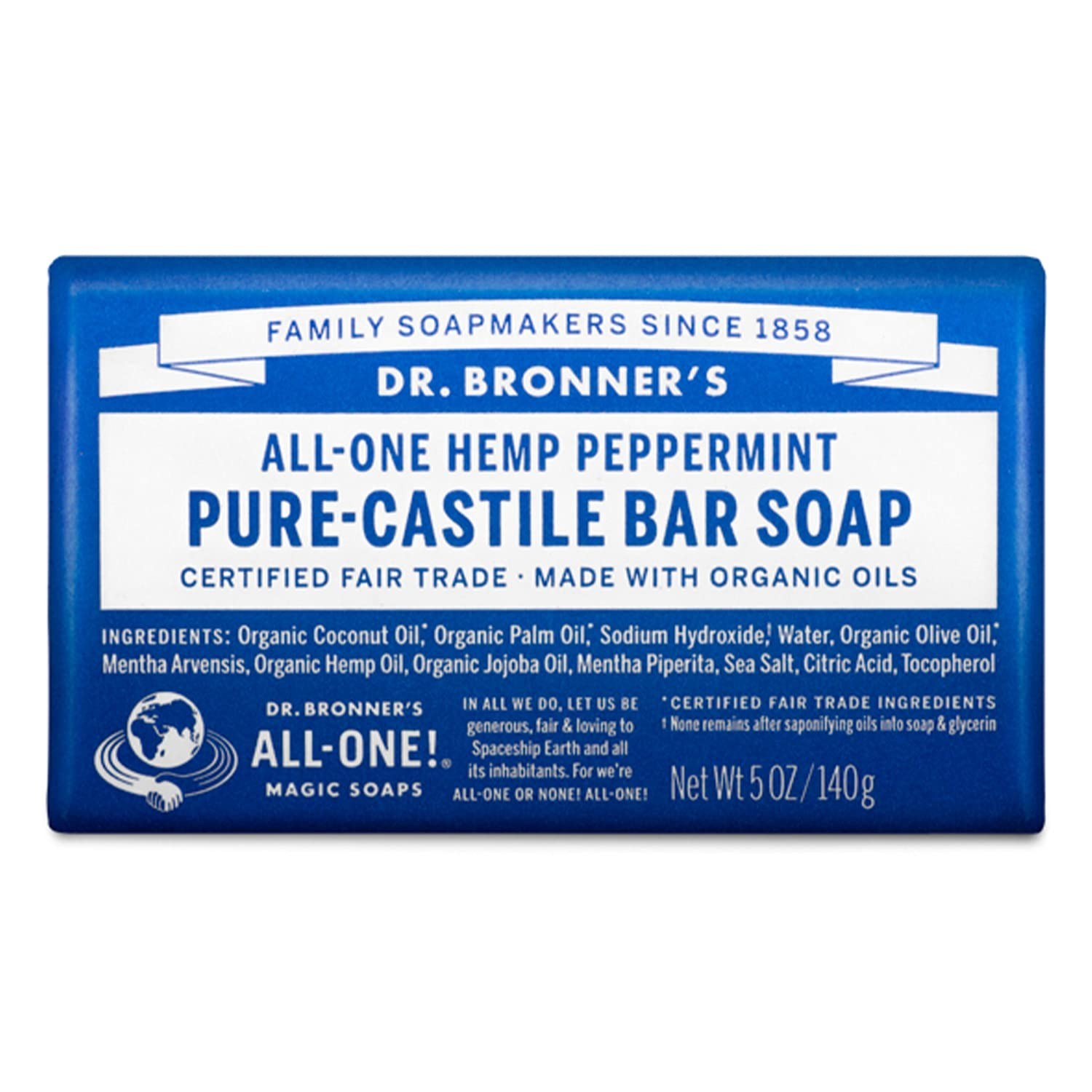 1 BAR Dr. Bronner’s All-One Hemp Peppermint Pure-Castile Bar Soap 5 oz BRONNER