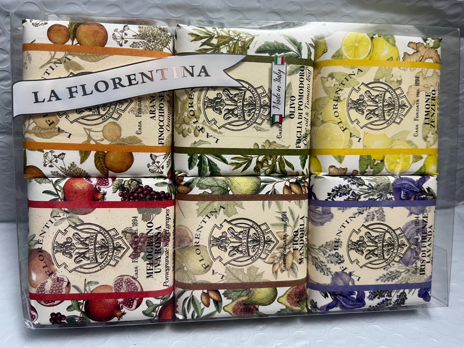 MARIO FISSI LA FLORENTINA ASSORTED SOAP SET,IRIS ORANGE,GRAPE,LEMON,FIG, 6X 3.7