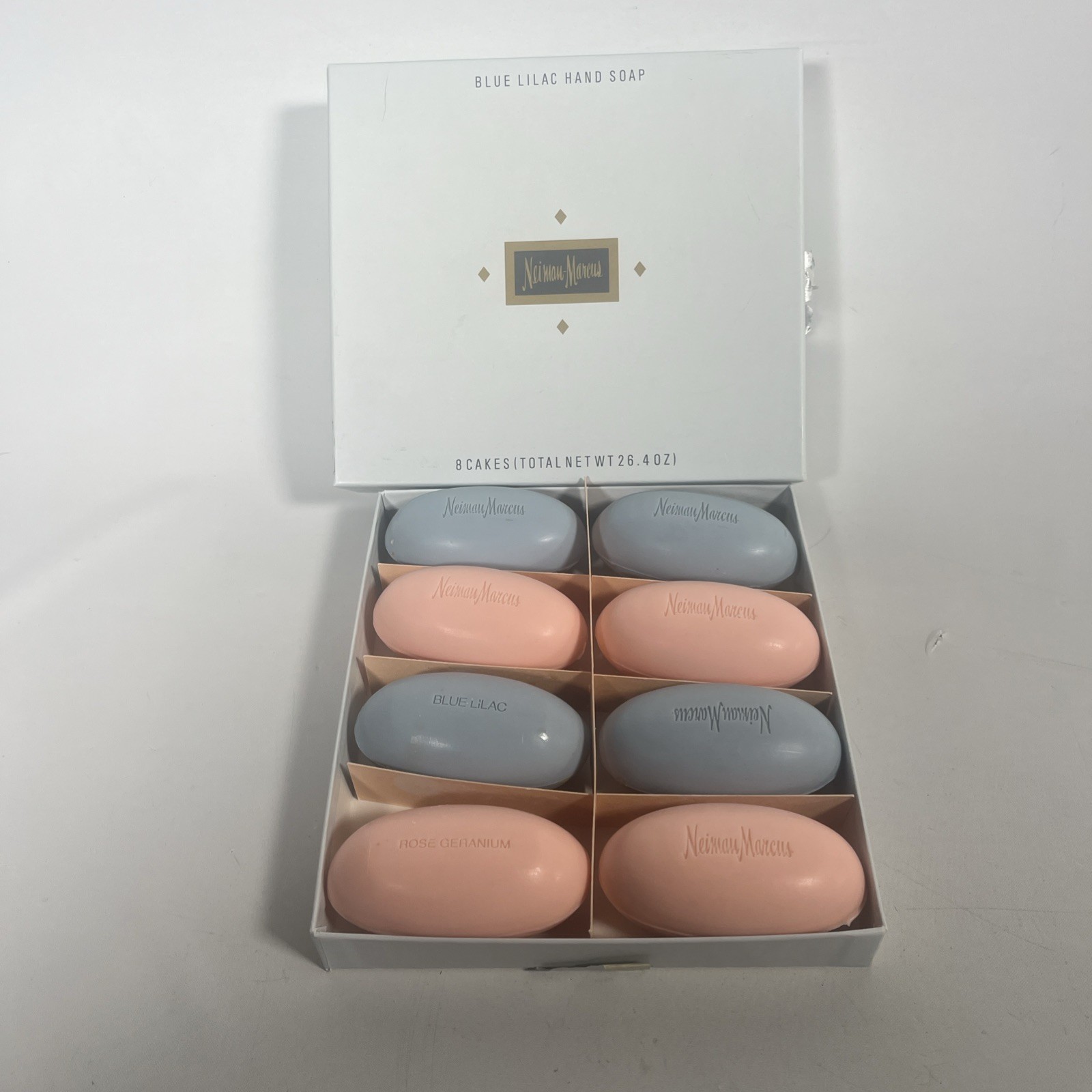 Neiman Marcus Soap 8 Oval Cakes Blue Lilac & Rose Geranium Cake 26.4 Oz NIB