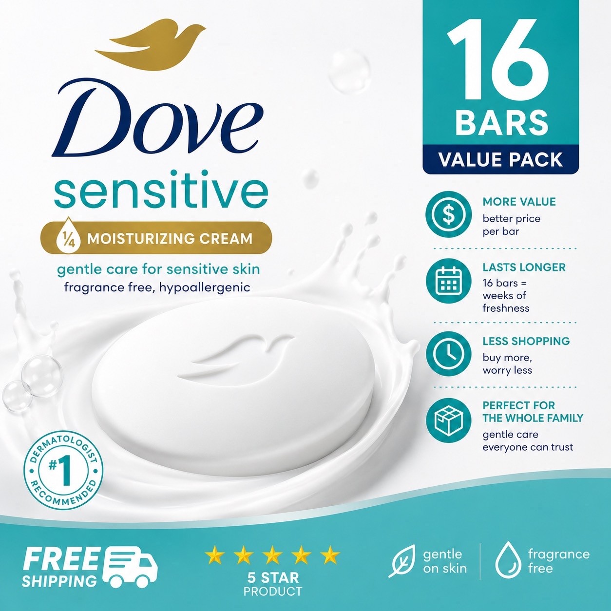 Dove Moisturizing Gentle Beauty Bar Soap Sensitive Skin, 3.75 oz, 16 Bars