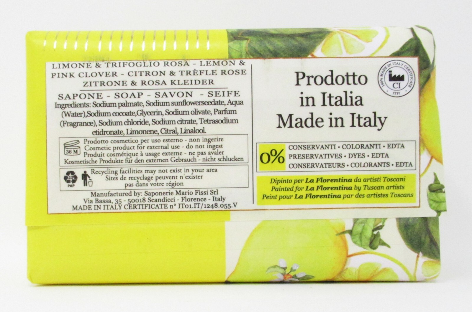 Italian Luxury Bath Bar Soap Lemon Pink Clover large 9.7 oz