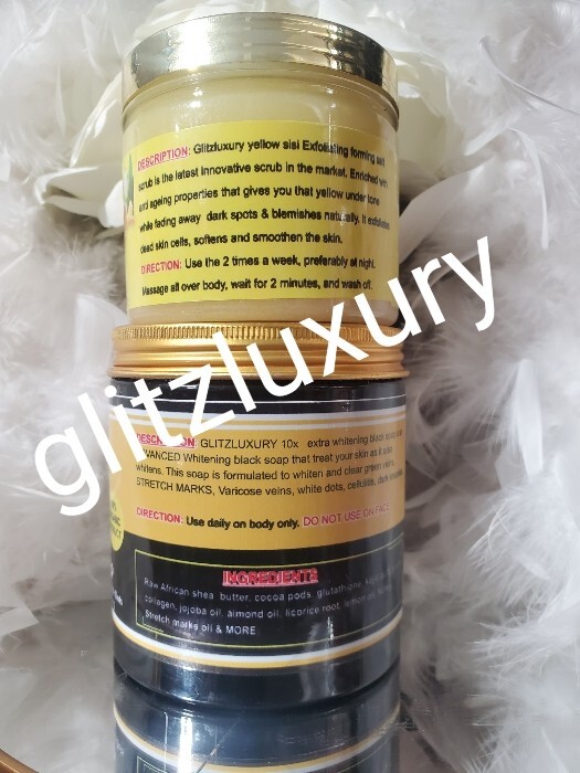 2pc. Glitz luxury 10X Whitening treatment Black Soap👌 & Yellow Sisi salt scrub