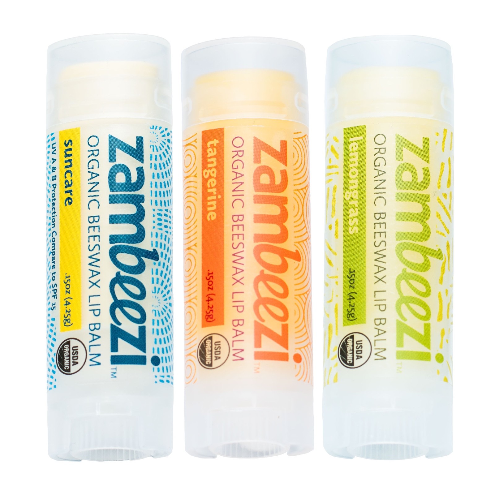 3 pack Zambeezi Organic Fairtrade Beeswax Lip Balm from Zambia Africa Variety