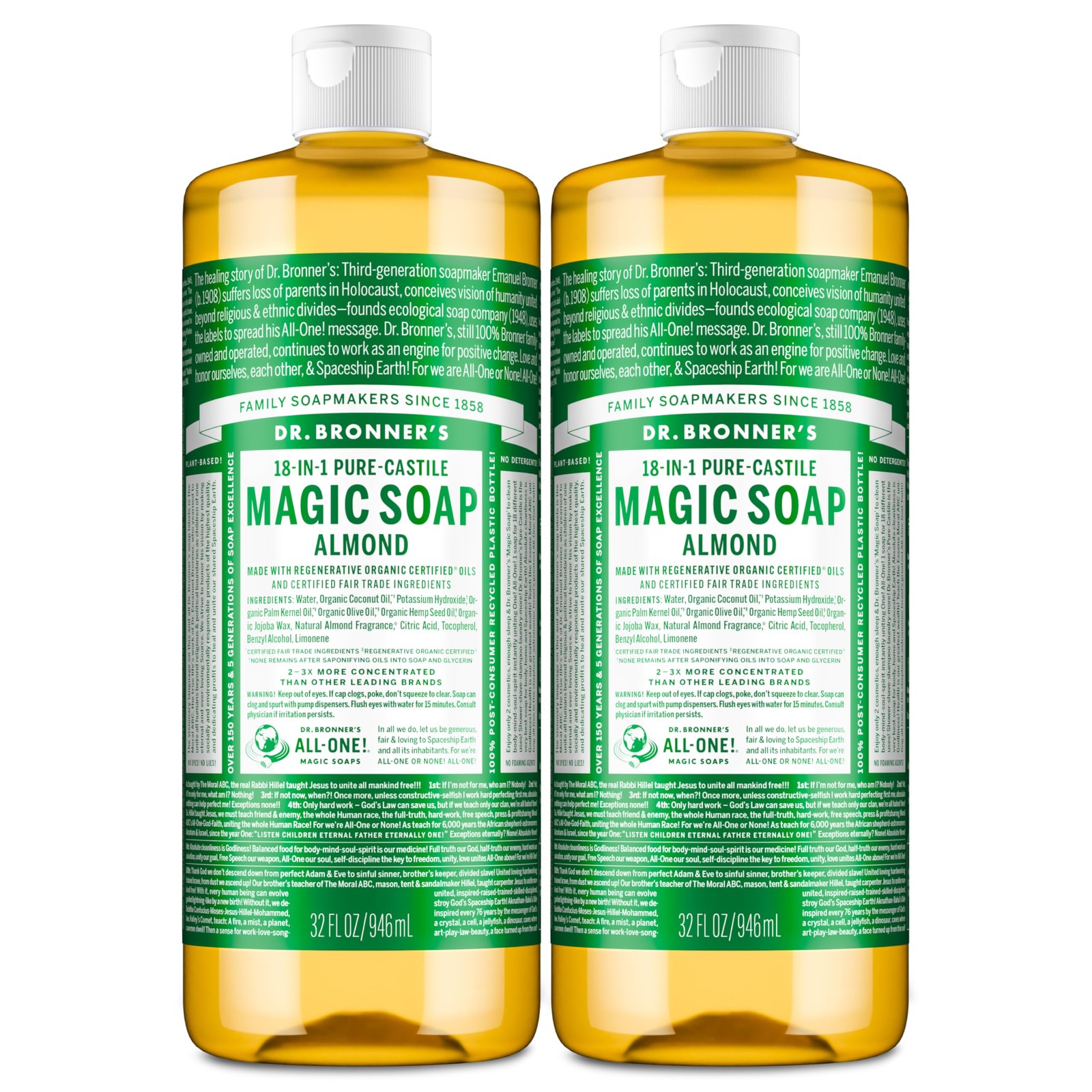 Dr. Bronner’s Pure-Castile Magic Liquid Soap 32 Fl Oz (Pack of 2), green