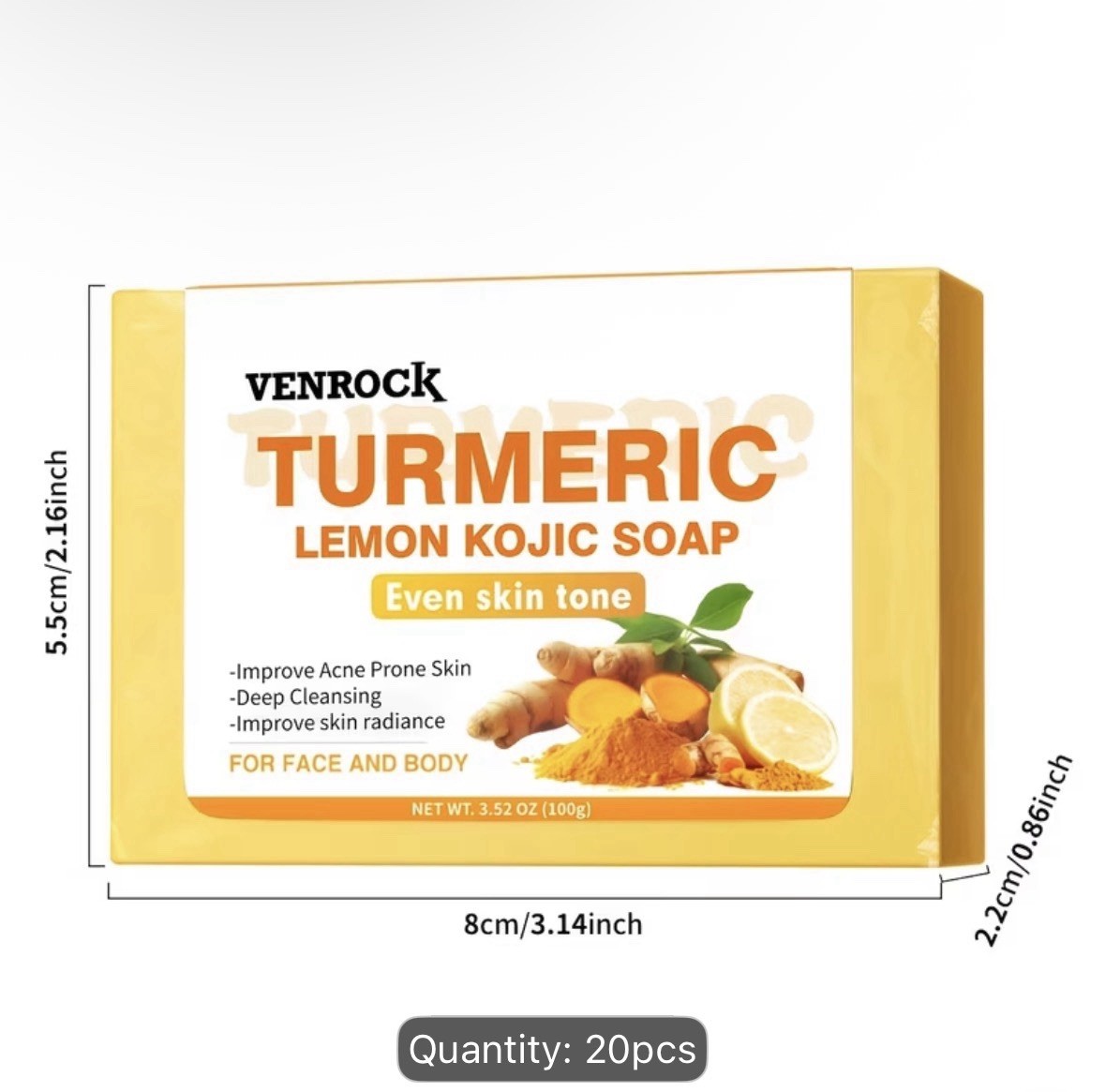VENROCK Turmeric Lemon Kojic Soap Deep Cleansing Face Body 20pcs 100g/3.52oz