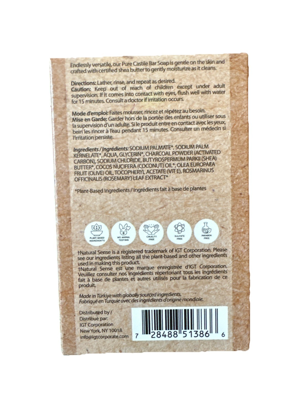 Natural Sense Pure Castile Soap Bar Activated Charcoal Olive Coconut Shea Butter