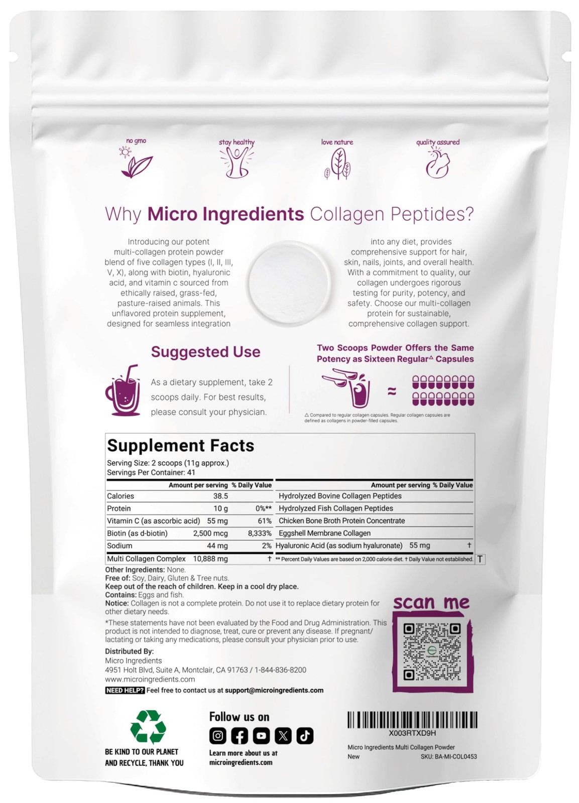 Micro Ingredients Multi Collagen Peptides Powder, 1 Pound (Pack of 1),
