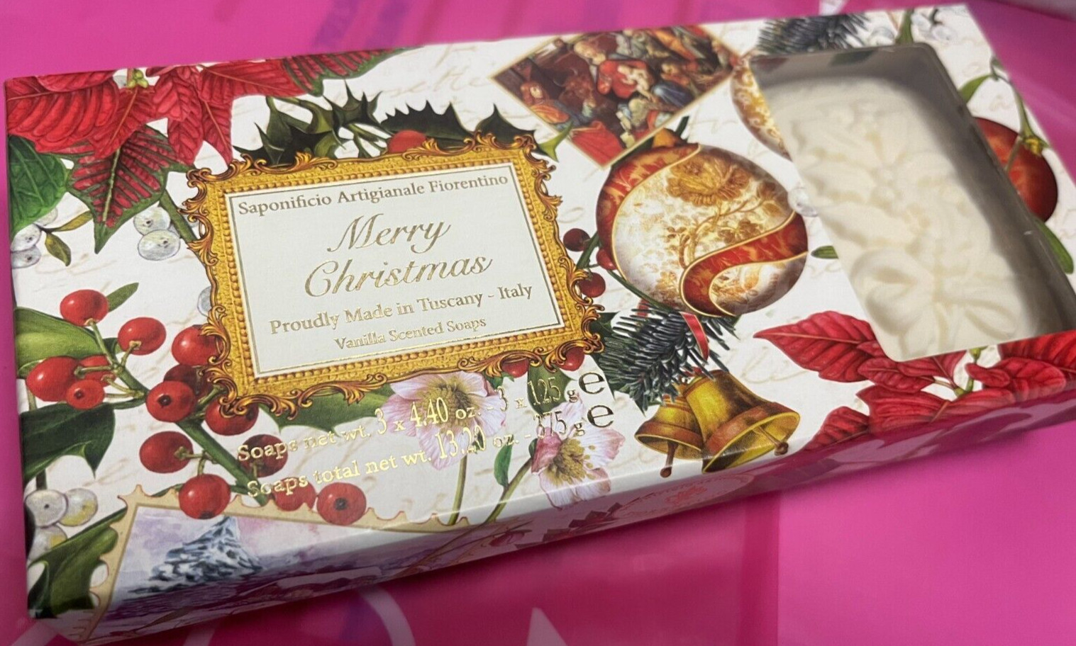 SAPONIFICIO ARTIGIANALE MERRY CHRISTMAS VANILLA SCENTED SOAPS BOX W,3 SOAPS