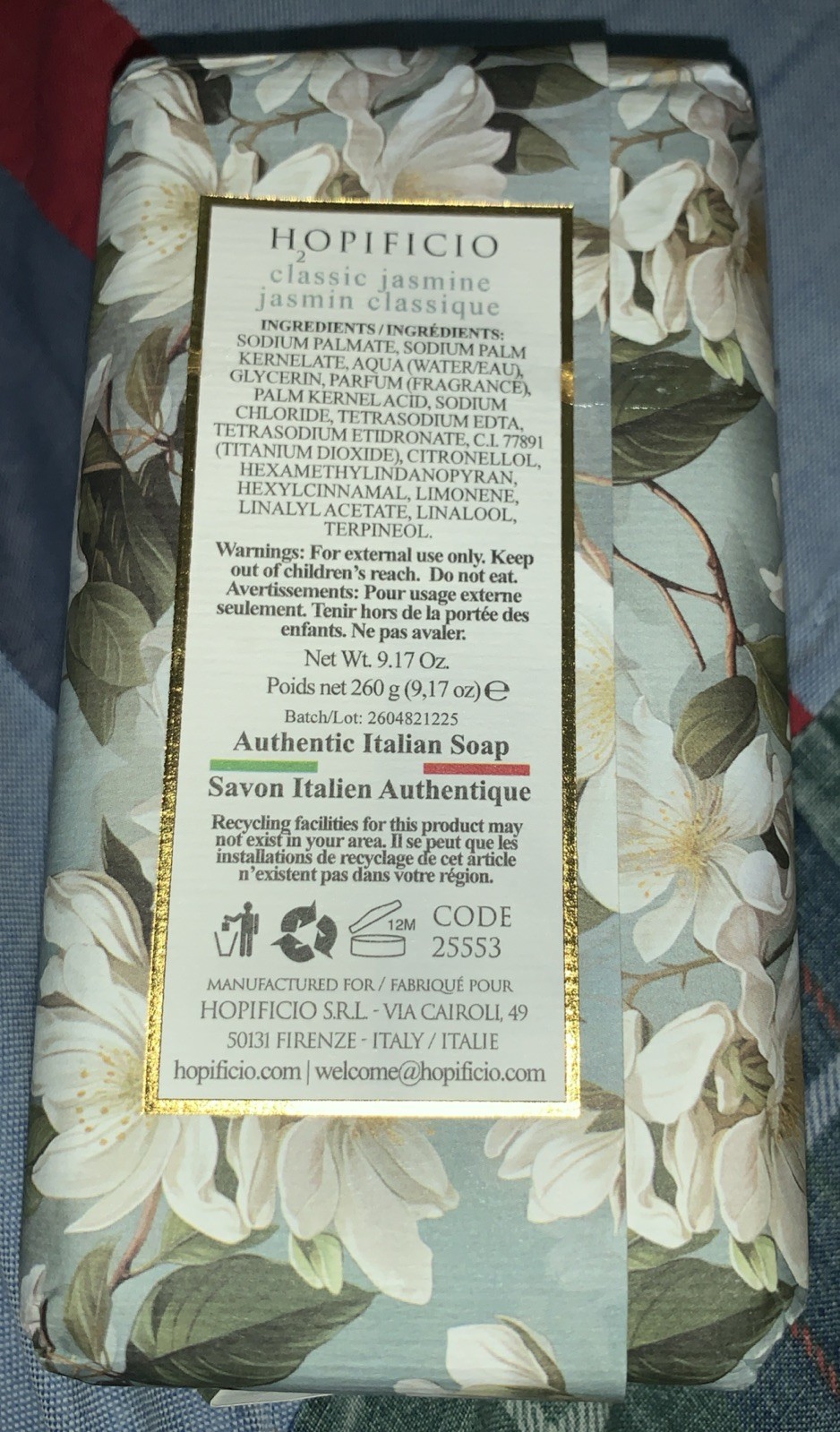 Classic Jasmine Hopificio Finest Triple Milled Soap 9.17 oz Italy New