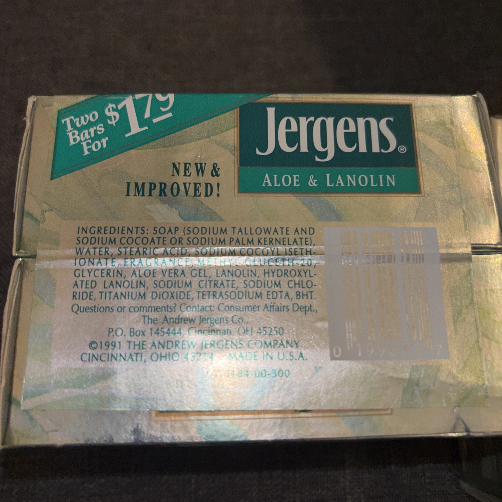 Vintage 1991 Jergens Aloe & Lanolin Bar Soap 3 Unopened 4.75oz Bar Sealed Prop
