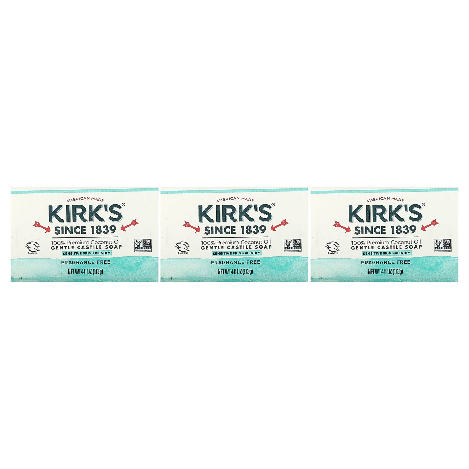 Kirk’s 100% Premium Coconut Oil Gentle Castile Soap Fragrance Free, 3 Bars 4 oz