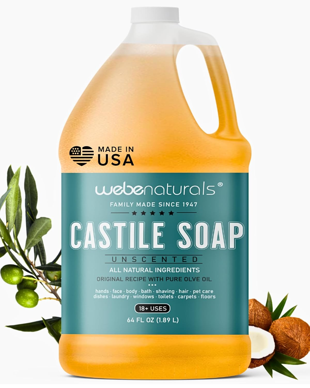 Pure Unscented Castile Liquid Soap Refill, 64 Ounce | Vegan & Gluten Free Non-Gm