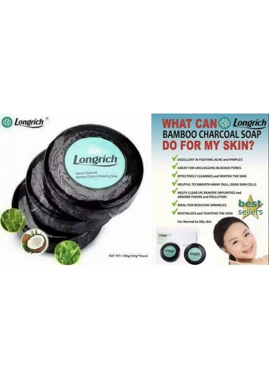 Longrich Natural Essence Bamboo Charcoal Brightening Black Soap,Acne Cure 100gx3