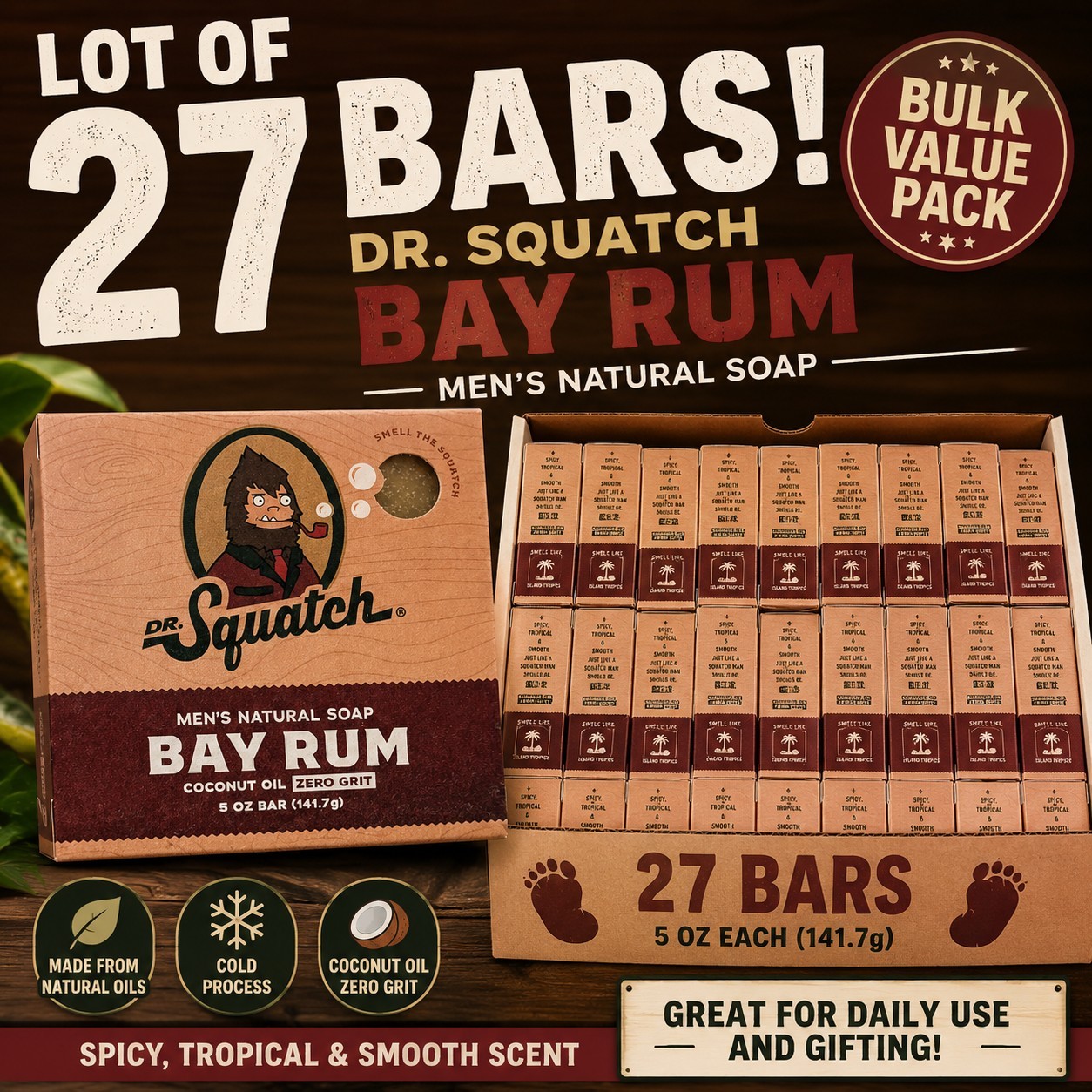 Lot of 27 Dr. Squatch Bay Rum Men’s Natural Soap Bars 5 Oz Zero Grit