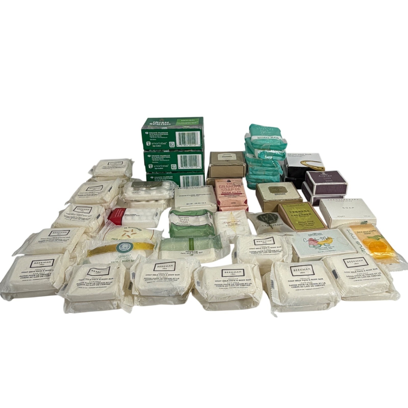 Large Lot Of 49 Hotel Face Body Soap Bars Beekman Irish Spring L’Occitaine