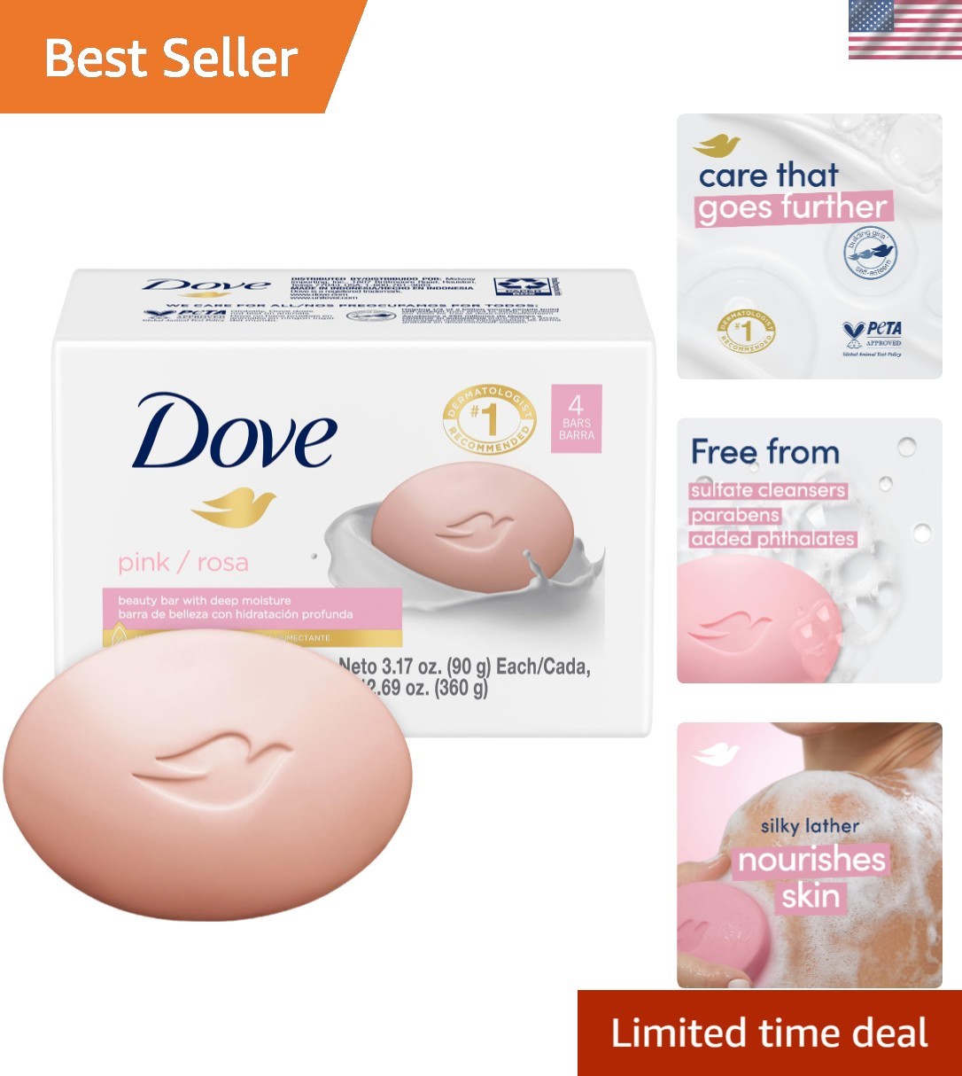 Dove 3.17 oz Pink Bar Soap – Gentle Cleanser for Soft Skin, Pack of 4