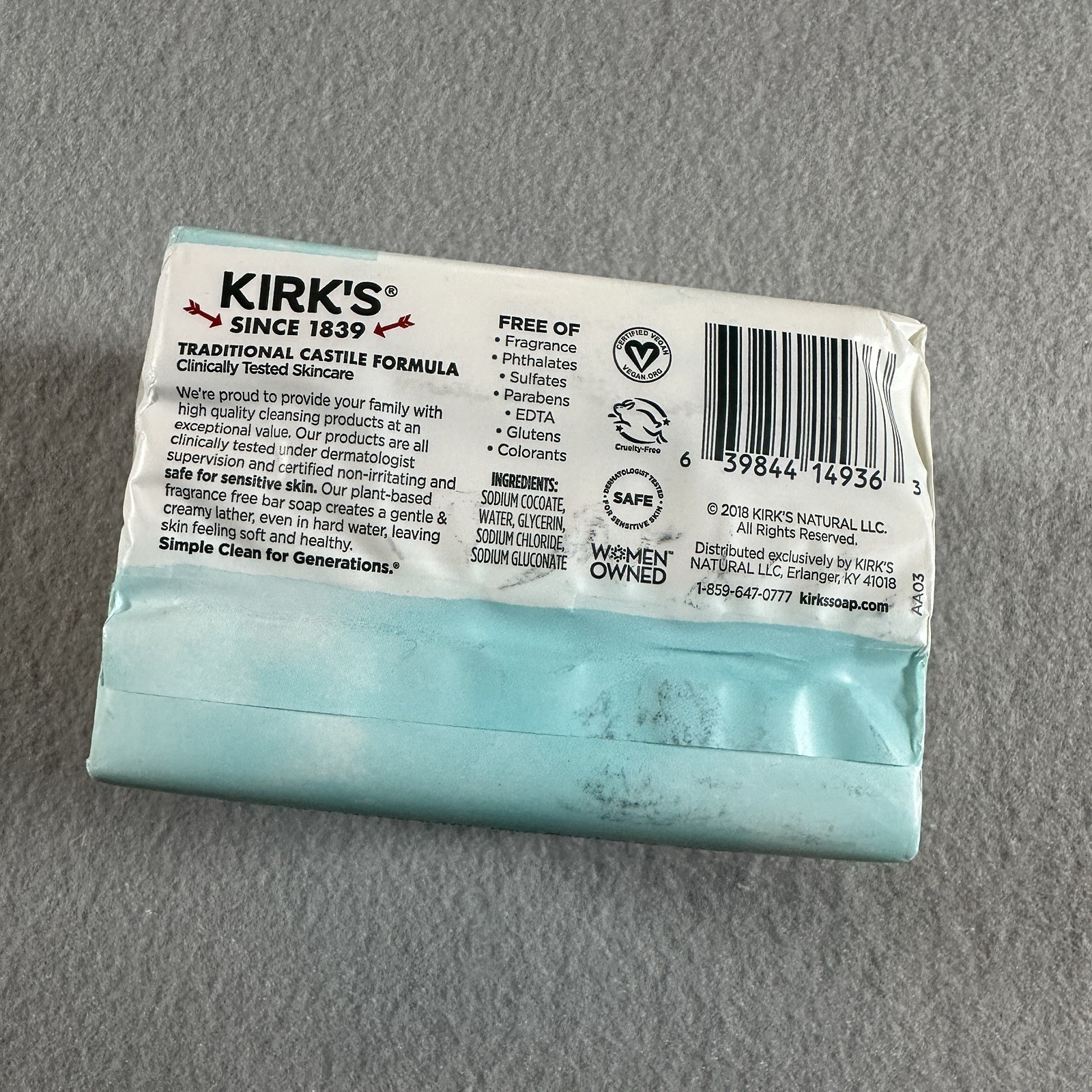 Kirks 3-Pack Original 100% Premium Coconut Oil Castile Soap Fragrance Free 4 oz
